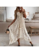Beige Manon boho dress by Lumina Vancouver, featuring elegant holiday vibes, perfect for summer or festive occasions.