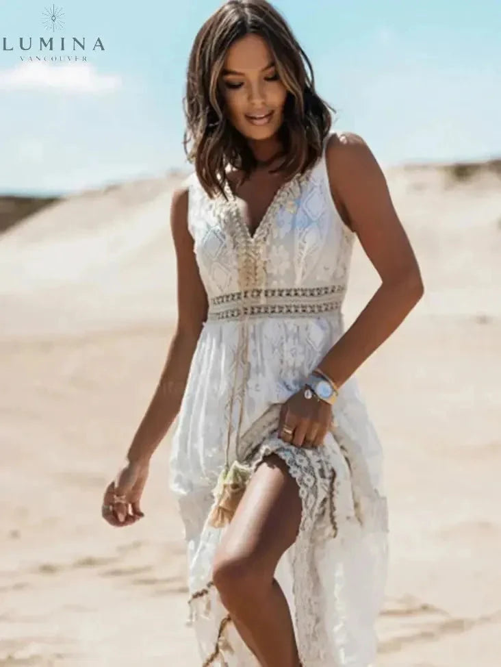 Beige Manon Elegant Boho Dress by Lumina Vancouver with holiday vibes, featuring flowy fabric and stylish design.