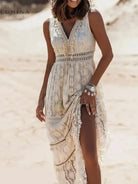Beige Manon boho dress by Lumina Vancouver, featuring flowing fabric and elegant design for holiday vibes.