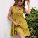 Rust red Lumina Wear Kira women's mini dress with lace detailing, fitted silhouette, and short length for stylish summer wear.