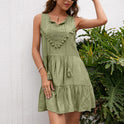 Rust red women's mini dress with lace by Lumina Wear, featuring a fitted silhouette and delicate lace details.