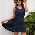 Rust red women's mini dress with lace detailing by Lumina Wear, featuring a fitted silhouette and stylish design.