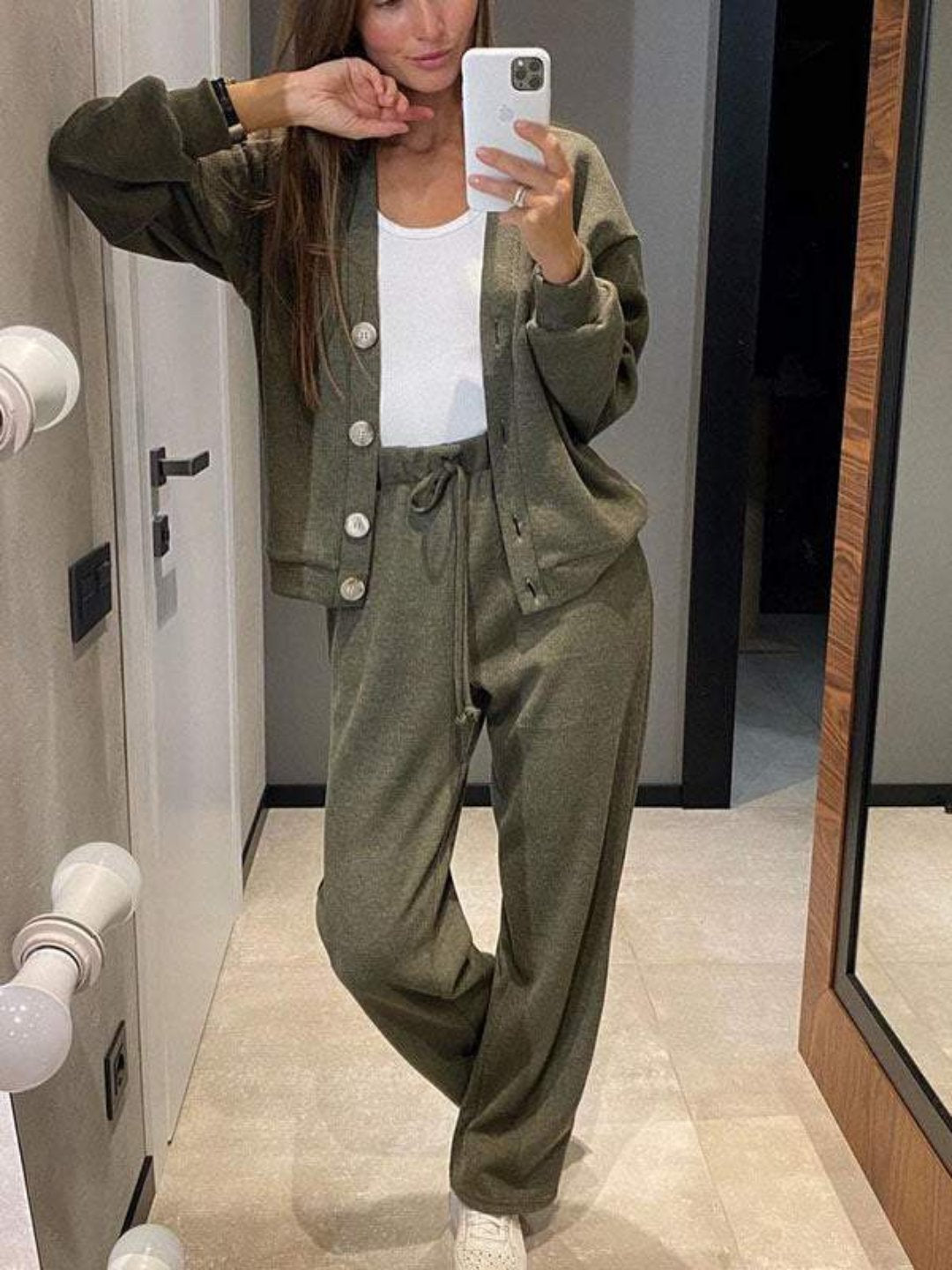 Kylie relaxed cardigan and drawstring pants set by Lumina Wear in green, featuring a cozy cardigan and comfortable matching pants for women.
