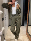 Kylie relaxed cardigan and drawstring pants set by Lumina Wear in green, featuring comfortable fabric and casual style for women.