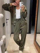 Kylie relaxed cardigan and drawstring pants set by Lumina Wear in green, featuring a cozy cardigan and comfortable matching pants for women.