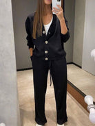 Kylie women's relaxed cardigan and drawstring pants set in green by Lumina Wear, casual and comfortable lounge outfit.