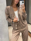 Lumina Wear Kylie relaxed cardigan and drawstring pants set in green, casual women's loungewear ensemble.