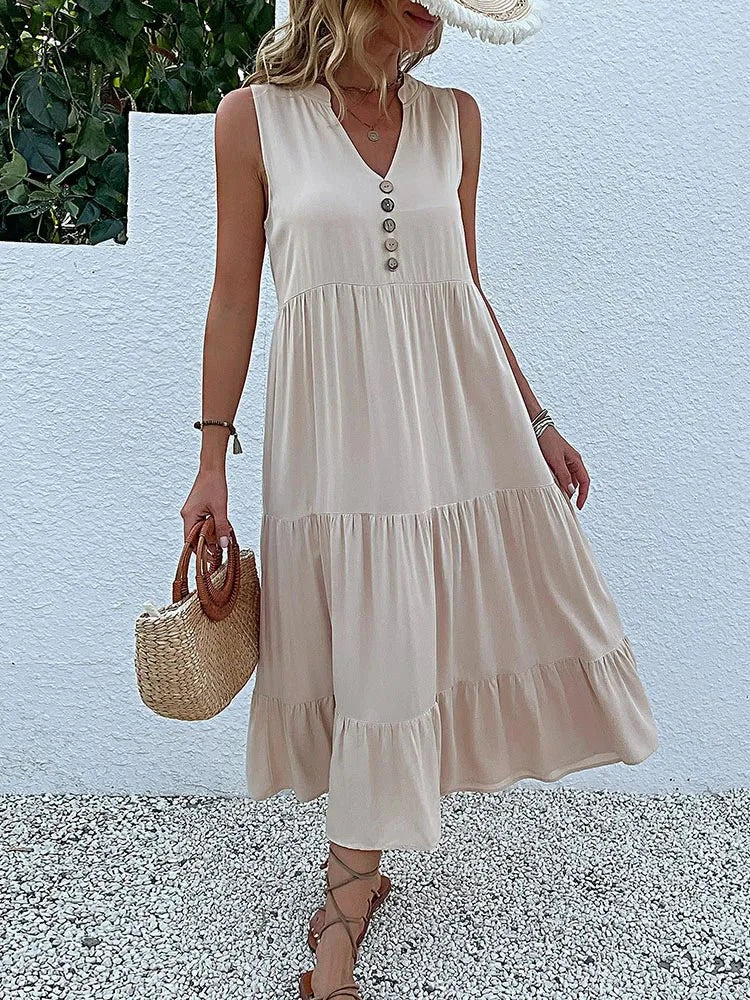 Wine red Laiza elegant summer dress by Lumina Wear, featuring a flowing design and sleeveless style for warm weather.