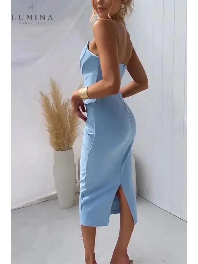 Blue Laura strapless evening dress by Lumina Wear, featuring a fitted silhouette perfect for formal or wedding guest occasions.