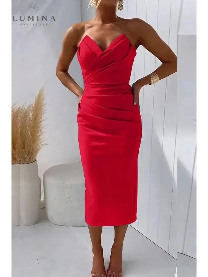 Blue Laura strapless wedding guest dress by Lumina Vancouver, sleeveless style, fitted bodice, elegant for special occasions.