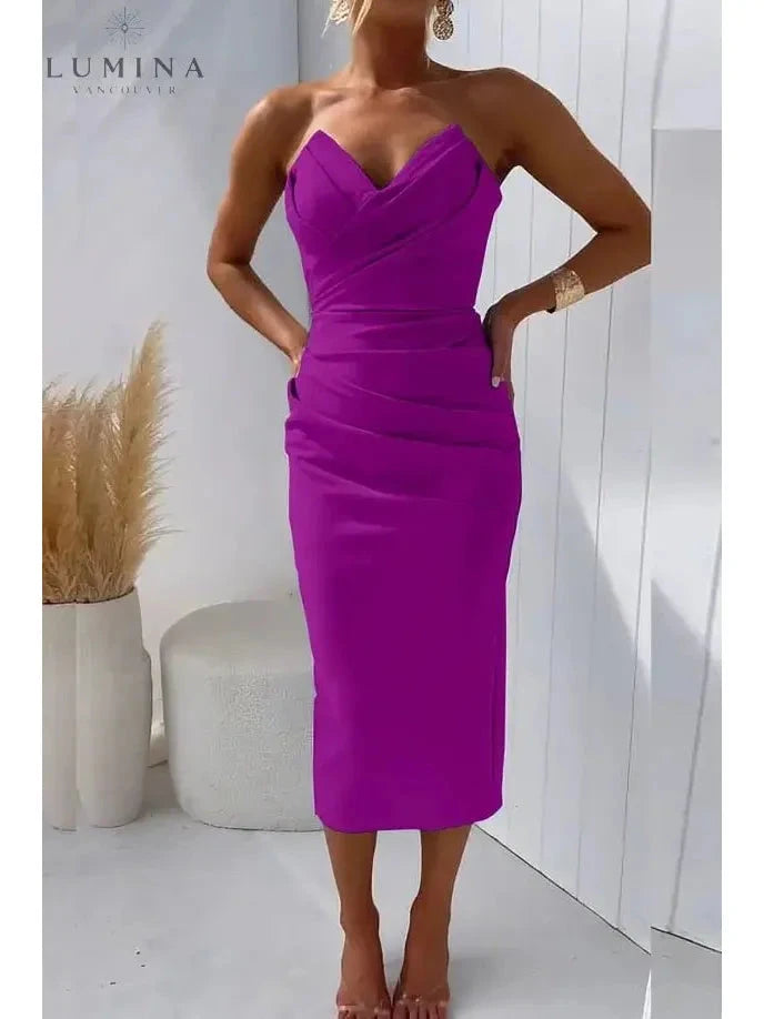 Blue strapless wedding guest dress named Laura by Lumina Vancouver, stylish and elegant for special occasions.