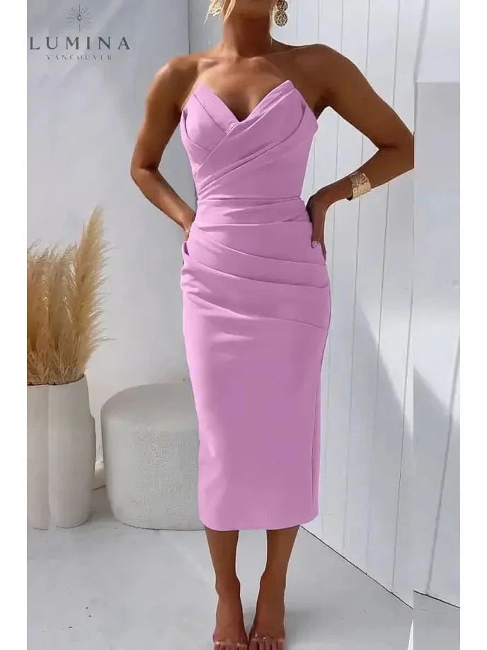 Blue strapless evening dress named Laura by Lumina Wear, featuring a fitted bodice and elegant design, perfect for formal occasions.