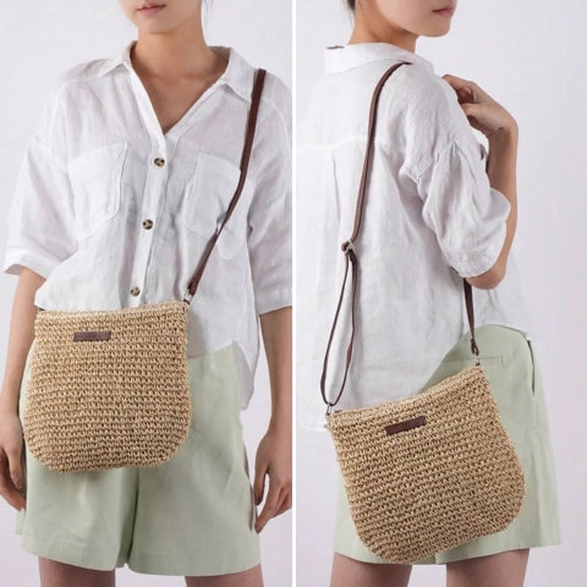 Chic beige straw shoulder bag with vegan leather accents by Lumina Wear, featuring a stylish design and shoulder strap.