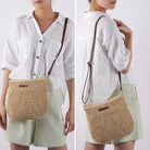 Léandre beige straw shoulder bag with vegan leather accents by Lumina Wear, stylish handbag with a shoulder strap and elegant design.