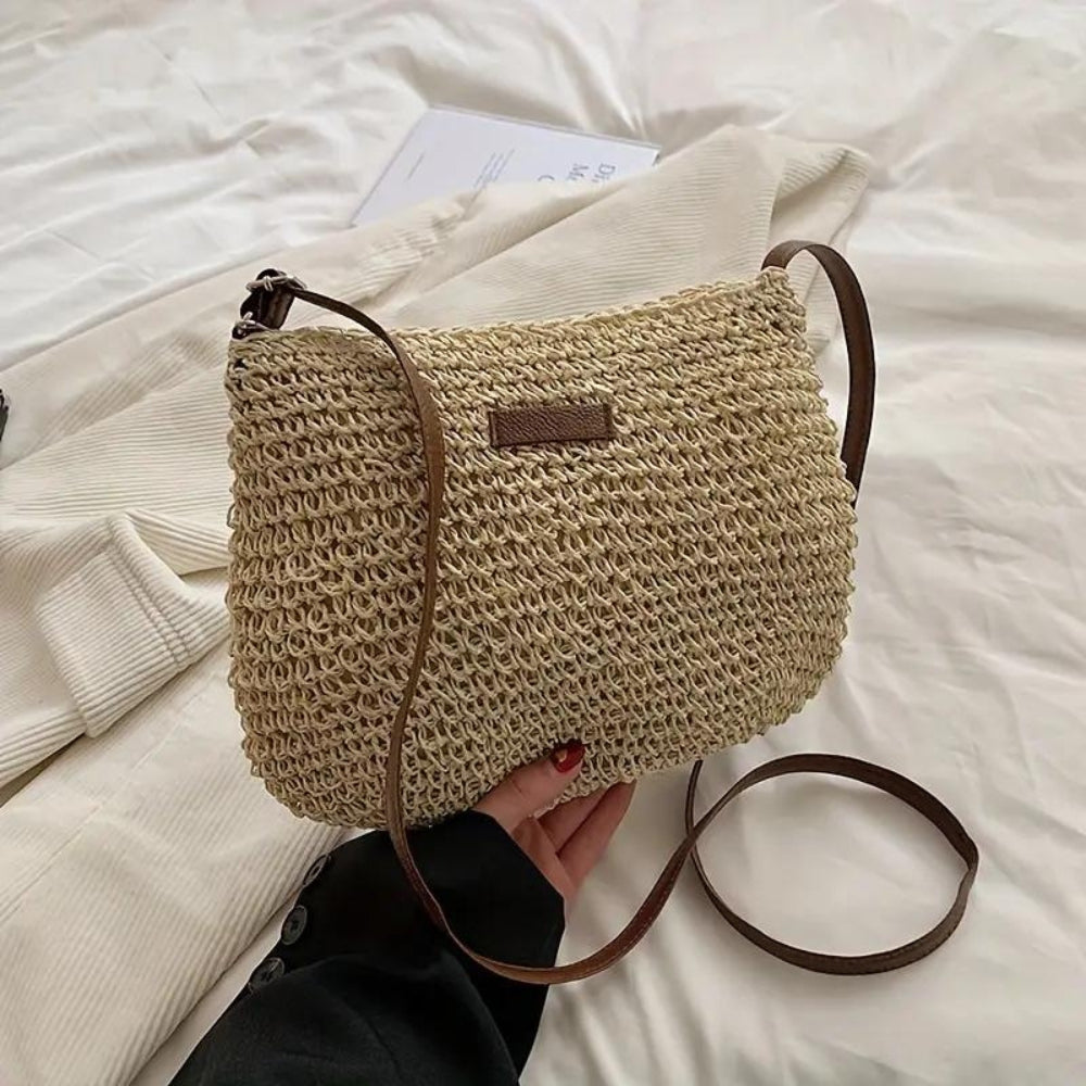 Léandre beige straw shoulder bag with vegan leather accents, stylish handbag by Lumina Wear.