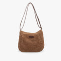 Léandre beige straw shoulder bag with vegan leather accents by Lumina Wear, stylish handbag with top handle and shoulder strap.