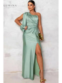 Blue-green Lenoir elegant evening dress by Lumina Wear, featuring a flattering fit for wedding guests.
