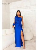 Blue-green Lenoir elegant evening dress by Lumina Wear, stylish wedding guest dress with intricate details and flowing fabric.