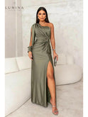 Blue and green Lenoir elegant evening dress by Lumina Wear, featuring a flowing design suitable for wedding guest attire.