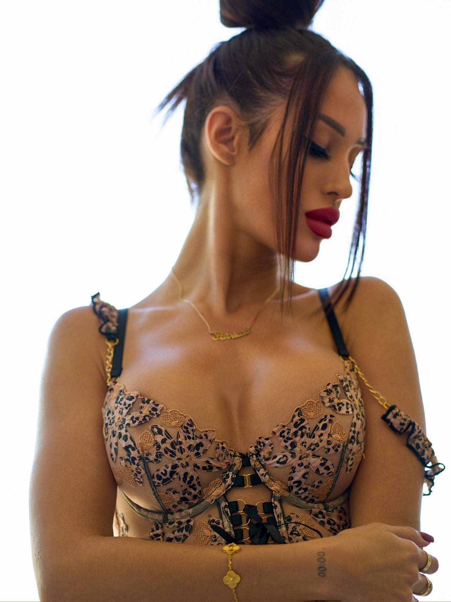 Leopard flower lace lingerie set from Lumina Vancouver, a 2-piece sexy lingerie set with floral lace details and leopard print.