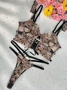 Leopard flower lace lingerie set by Lumina Vancouver, includes two-piece lace bra and matching panties with floral and leopard print details.