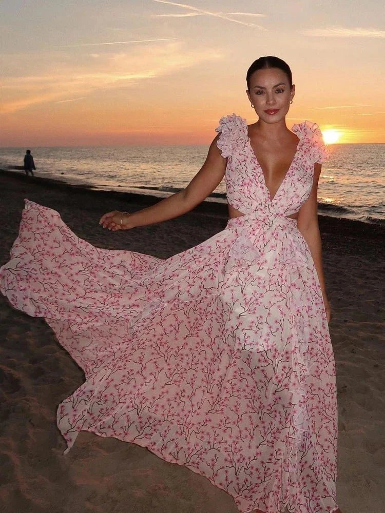 Light pink Lexi backless ruffles maxi dress by Lumina Wear, flowing elegant evening dress with ruffled details and fitted silhouette.