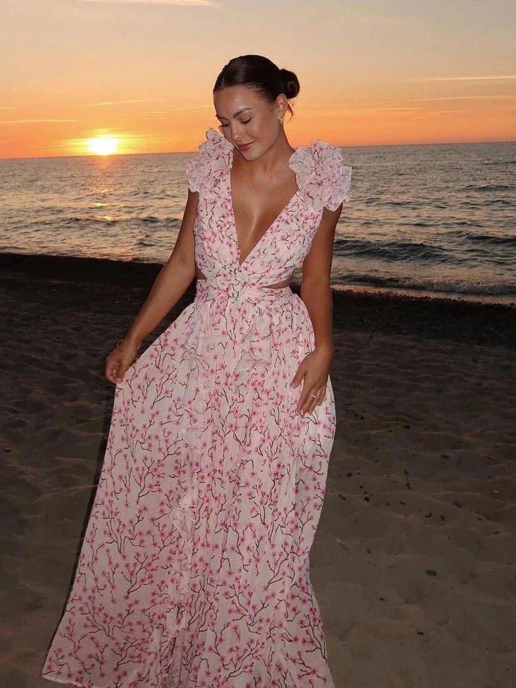 Light pink Lexi backless ruffles maxi dress by Lumina Vancouver, flowing elegant dress with ruffled details and a backless design.