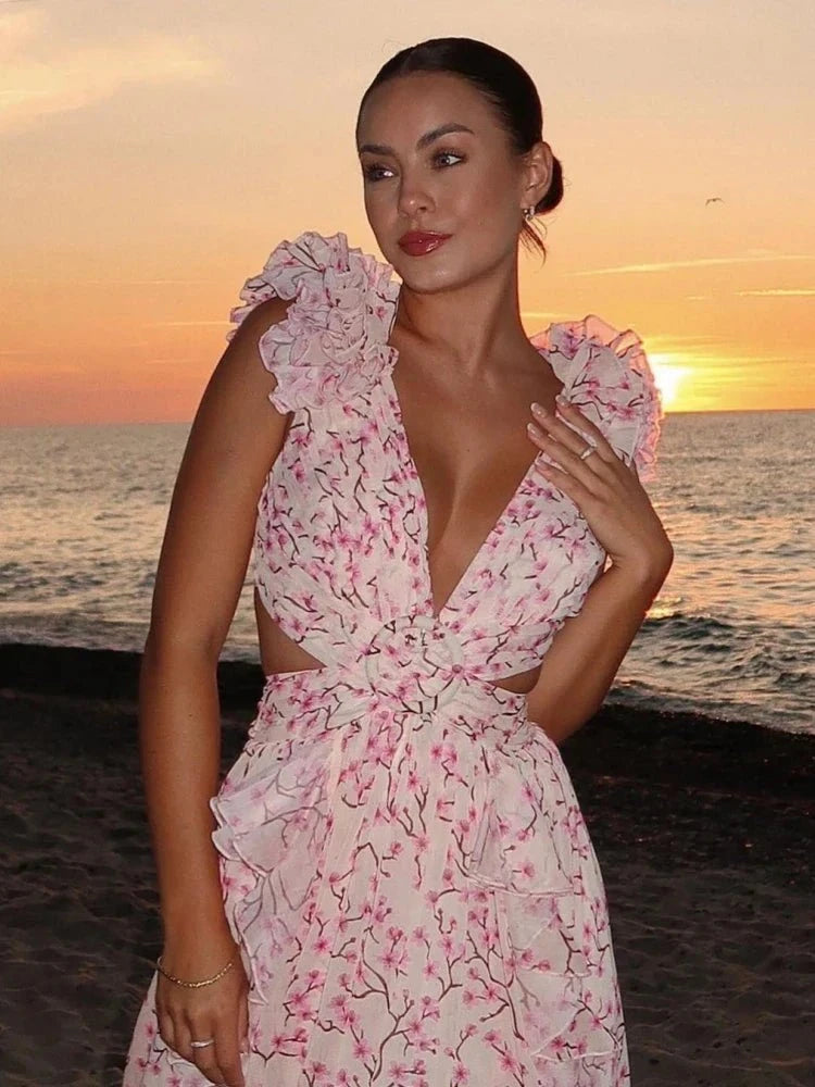 Light pink Lexi elegant backless ruffles maxi dress by Lumina Vancouver, featuring flowing fabric and stylish design.