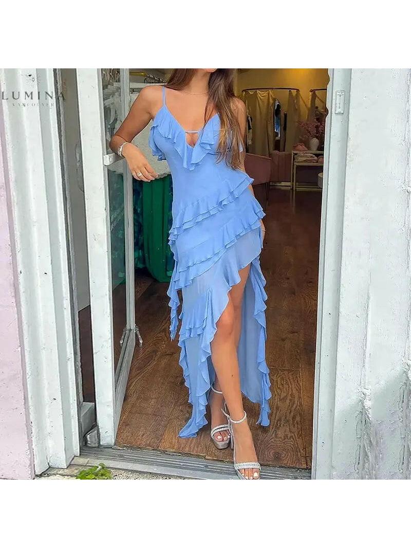 Lilah | Solid V-Neck Ruffle Slim Dress