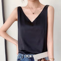 Black satin Lily tank top by Lumina Wear featuring a relaxed fit and V-neck, perfect for casual or stylish wear.