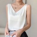 Black satin Lily relaxed fit tank top with V-neck by Lumina Wear, casual and comfortable for everyday wear.