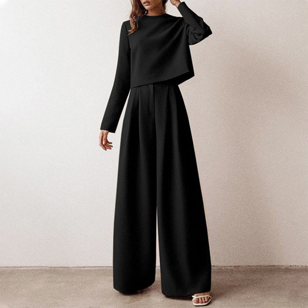Black Lily two-piece set from Lumina Wear featuring a contemporary cropped top and wide-leg trousers, stylish and modern.