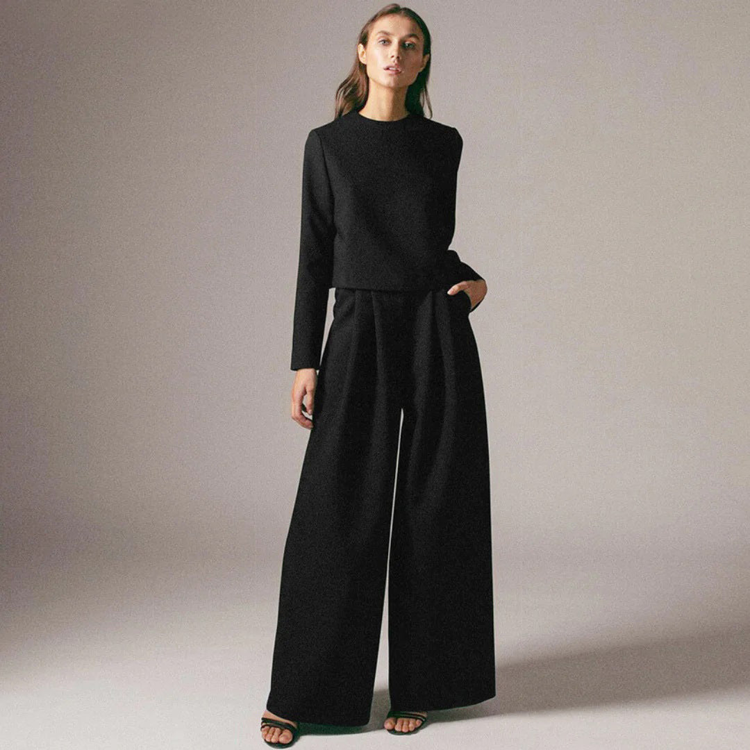 Lily black contemporary cropped top and wide-leg trousers set by Lumina Wear, stylish two-piece dress for modern fashion.