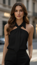 White Lily Halter Blouse Contrast by Lumina Wear, front view showing halter neckline and stylish design.