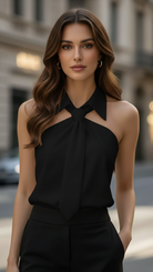 White Lily Halter Blouse Contrast by Lumina Vancouver, shown on a model, featuring stylish halter design and contrast details.