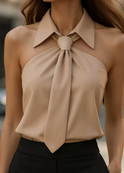 White Lily Halter Blouse Contrast by Lumina Wear, featuring a stylish halter neckline and contrasting details perfect for casual or dressy wear.