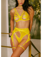 Yellow butterfly-shaped lingerie set by Lumina Vancouver featuring delicate lace and floral details, size small.