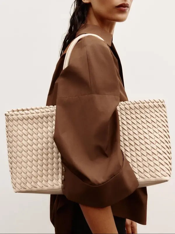 Lumina Wear Lindsay woven design tote bag in cream with spacious interior, perfect for stylish everyday use.