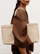 Lumina Wear Lindsay woven design tote bag in cream with spacious interior, perfect for stylish everyday use.