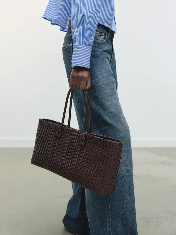 Cream Lumina Wear Lindsay woven design tote bag with spacious interior, perfect for everyday use and elegant style.