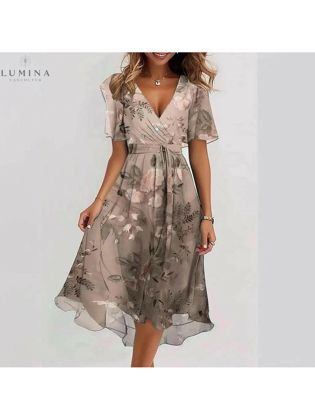 Blue Linnea elegant dress by Lumina Vancouver featuring a stylish Aderhulstang design, shown on a model.
