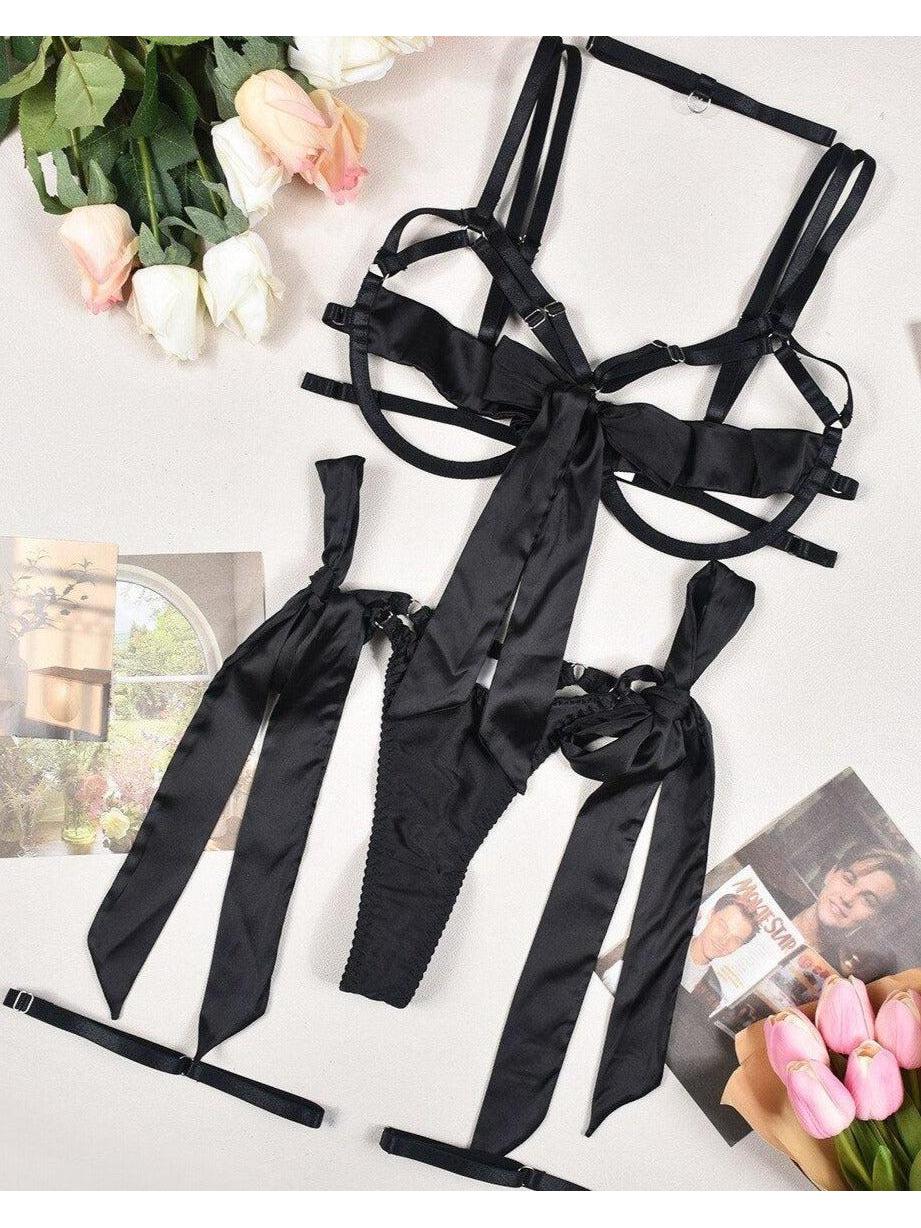 Black Cerise Bowknot Lingerie Set by Lumina Vancouver featuring a delicate bow and matching bra and panty design.
