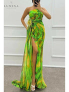 Blue off-shoulder printed maxi dress by Lumina Vancouver, featuring a slit, perfect for wedding guests.
