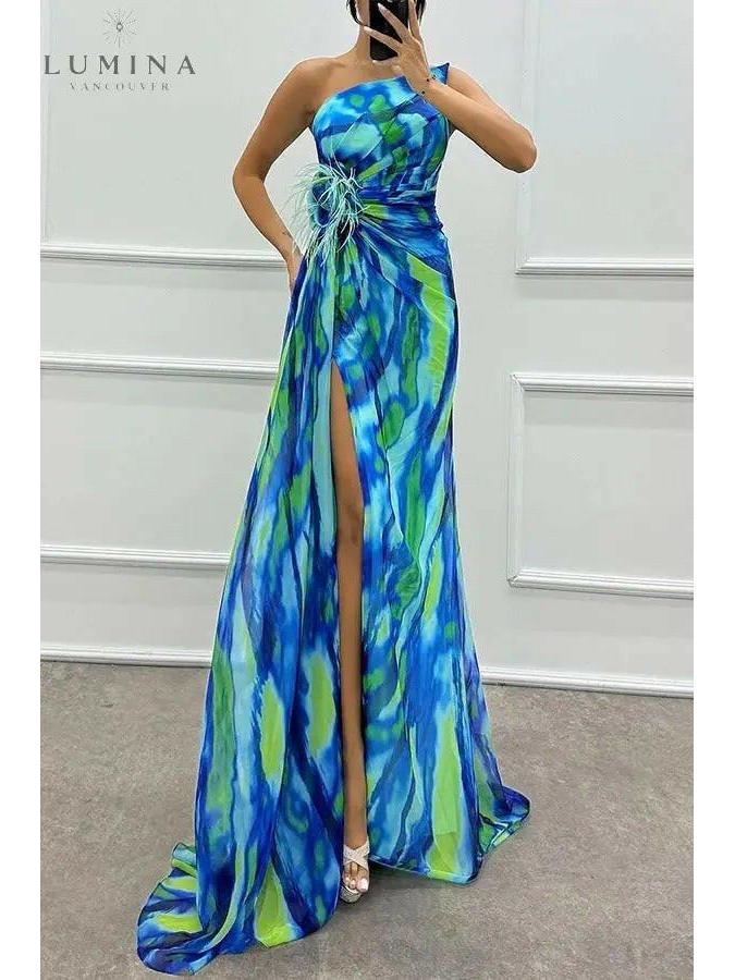 Blue Blanche off-shoulder slit printed maxi dress by Lumina Wear, featuring a flowing design perfect for weddings and special occasions.