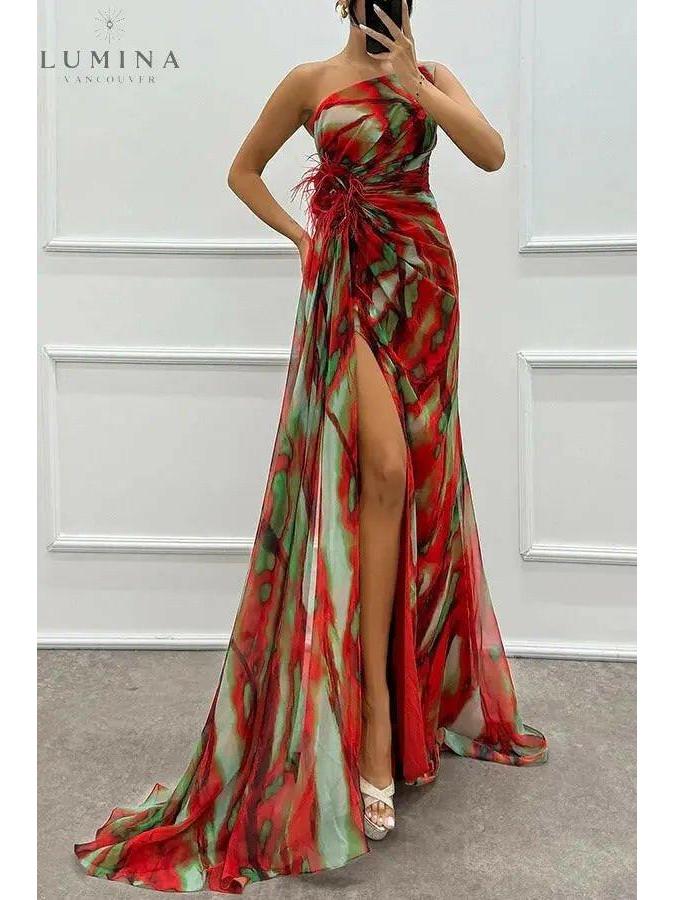 Blue Blanche off-shoulder slit printed maxi dress by Lumina Wear, featuring a flowing design and elegant silhouette.