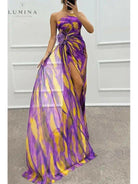 Blue off-shoulder printed maxi dress by Lumina Vancouver, perfect for wedding guests, with a slit and elegant design.