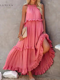 Apricot Lorena halterneck dress with ruffles and pockets by Lumina Wear, perfect for summer and holiday occasions.
