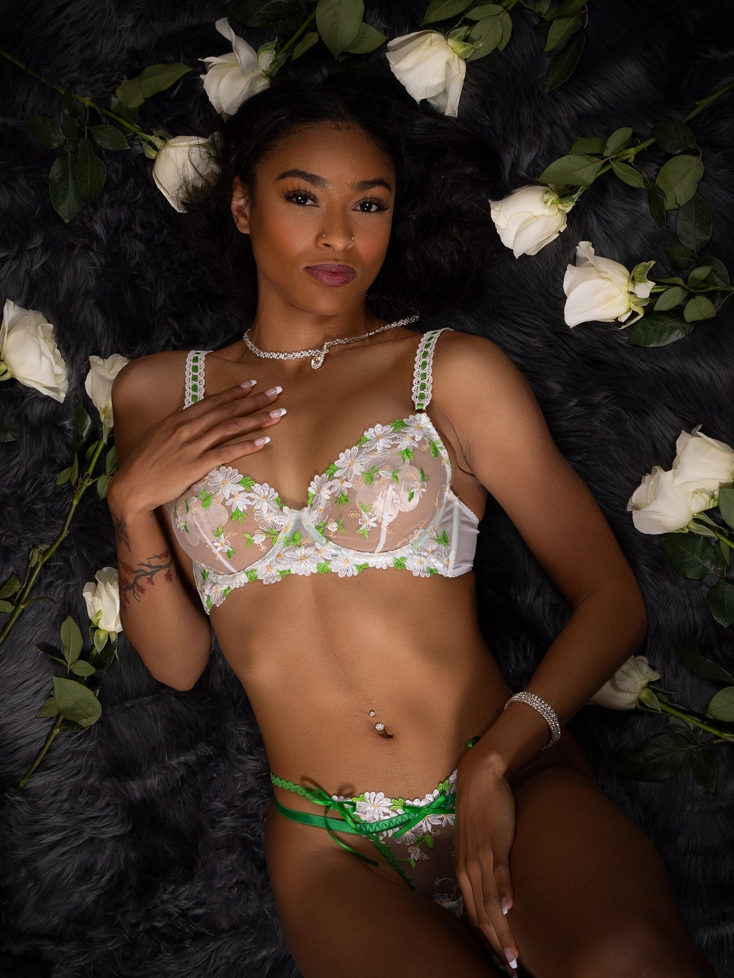 White Lovely Daisy Lace Lingerie Set by Lumina Wear, includes bra and matching panties, soft lace fabric, feminine design.