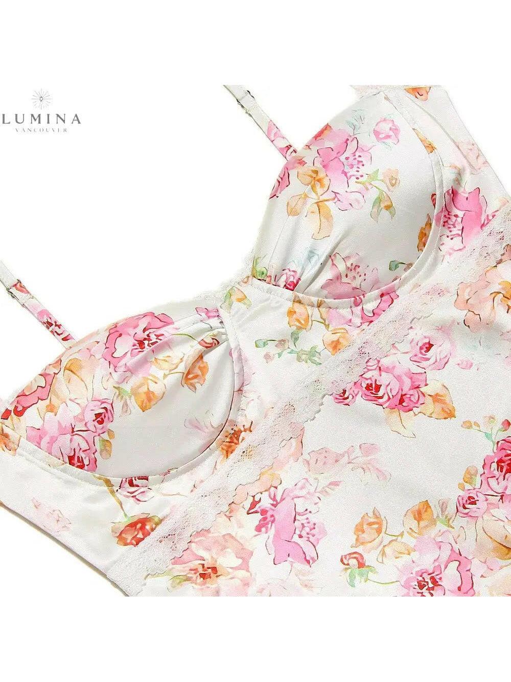 Lucy floral satin maxi dress by Lumina Vancouver, showcasing a flowy satin fabric with a floral pattern and elegant design.