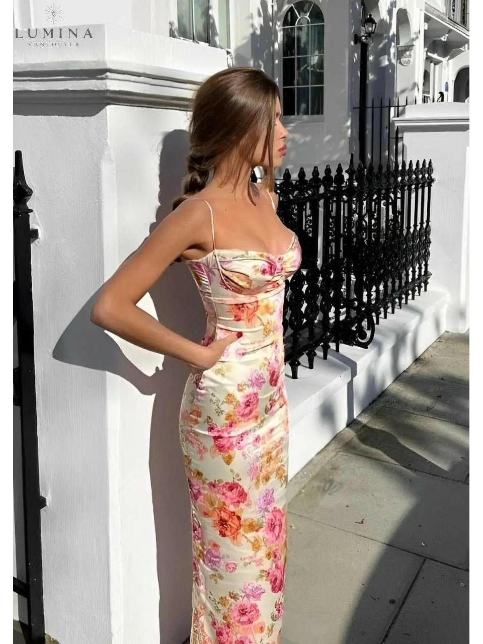 Lumina Vancouver Lucy floral satin maxi dress in XS, featuring a flowing silhouette and elegant floral pattern.